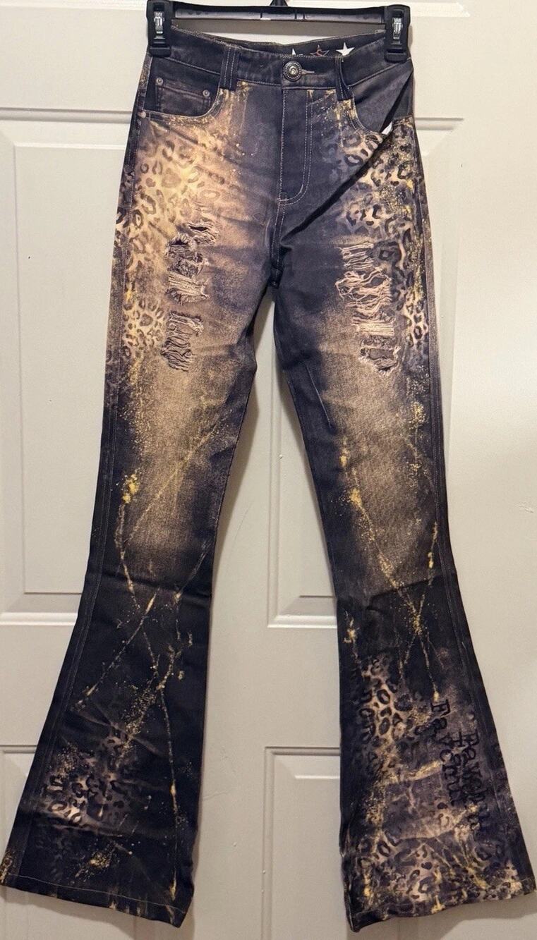 Innovare Denim Leopard & Bleach Wash Flare Jeans Small 26waist34length